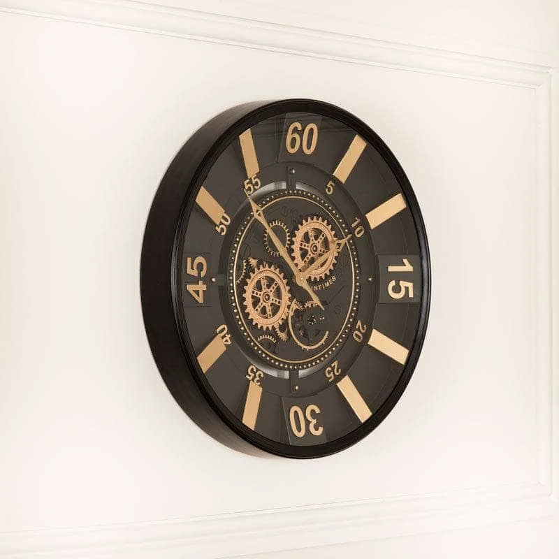 Tempered Glass Black & Gold Gears Wall Clock - 60cm 4 Tempered Glass Black & Gold Gears Wall Clock - 60cm - Image 2