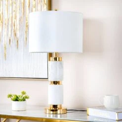 White Marble Table Lamp With Cream Velvet Shade