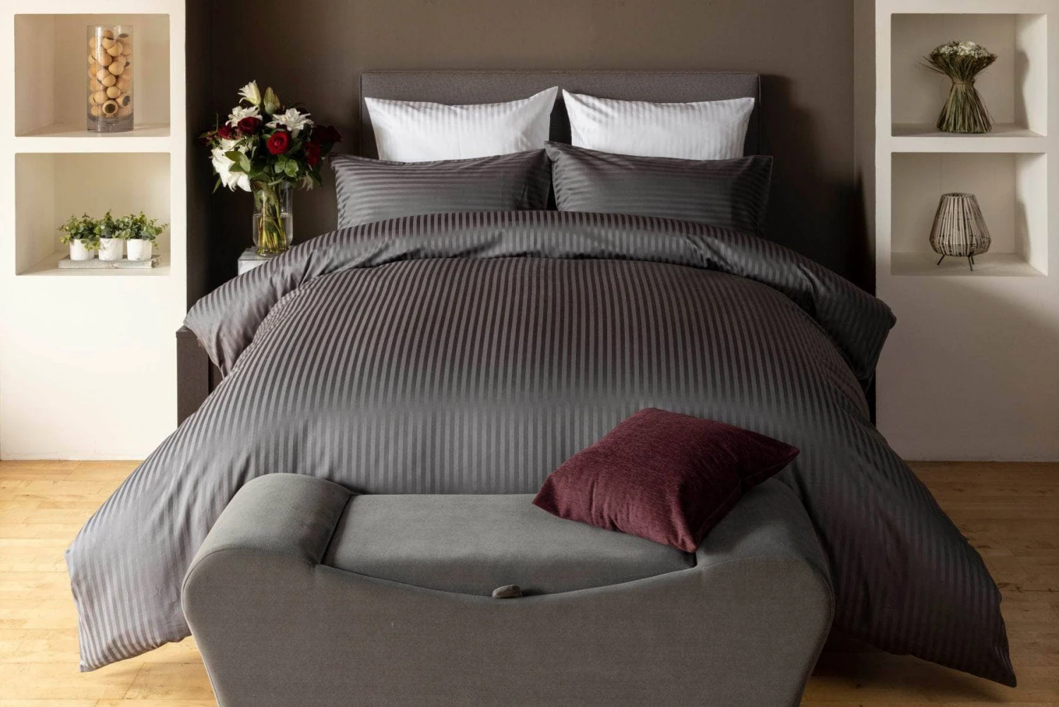 Hotel Satin Stripe Charcoal Duvet Set - Multiple Sizes 3 Hotel Satin Stripe Charcoal Duvet Set - Multiple Sizes