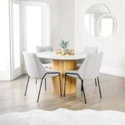 Ariel Round Dining Table & 4 Grey Boucle Lindsey Chairs