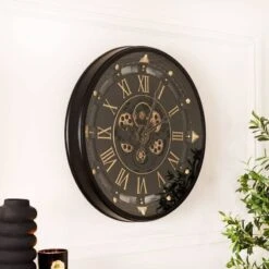 Tempered Glass Black & Gold Gears Wall Clock - 66cm