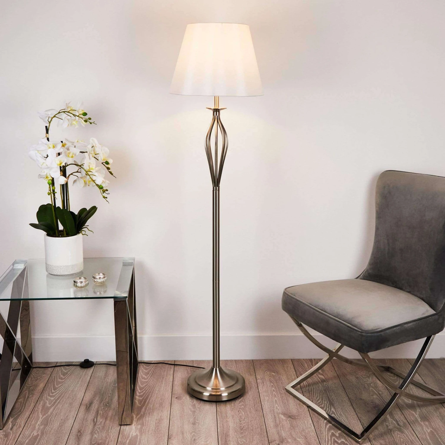 Malaga Floor Lamp Satin Chrome Cream Shade 4 Malaga Floor Lamp Satin Chrome Cream Shade - Image 2