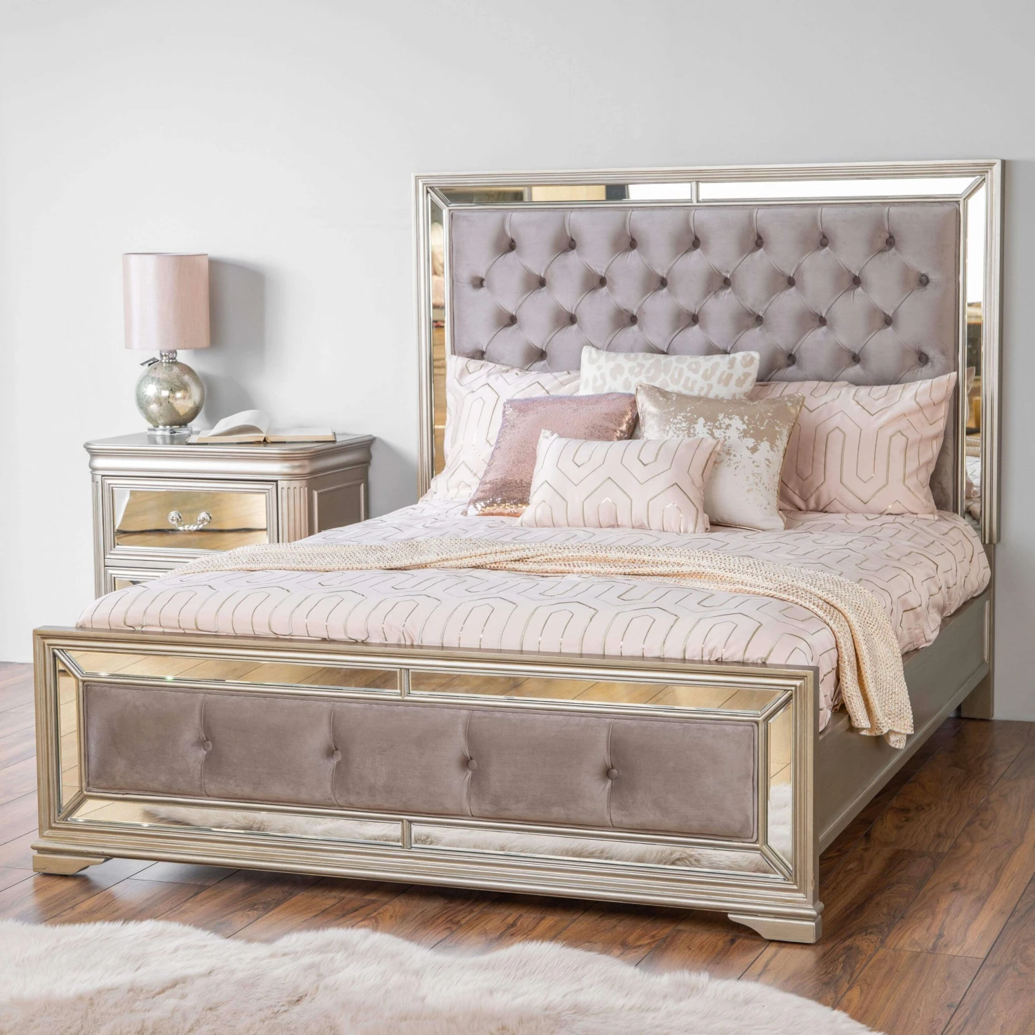 Clio King Size Velvet Mirrored Bedframe - Taupe 3 Clio King Size Velvet Mirrored Bedframe - Taupe