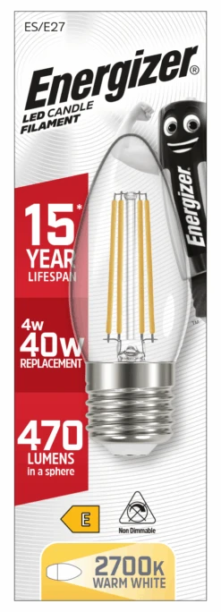 Energizer E27 Filament LED Candle Warm White Lightbulb 40W