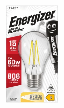 Energizer E27 Filament LED Warm White Lightbulb 60W