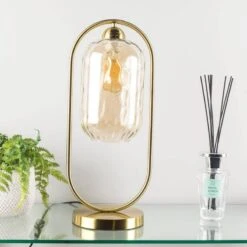 Genoa Satin Brass Amber Glass Table Lamp