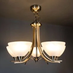 Pesscara 5 Light Antique Brass & Alabaster Glass Pendant Light