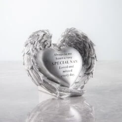 Silver Heart Angel Wings Memorial Ornament - Nan