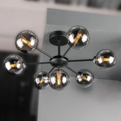 Ferrol Semi Flush In Matt Black With Smoked Glass 7 Ceiling Light